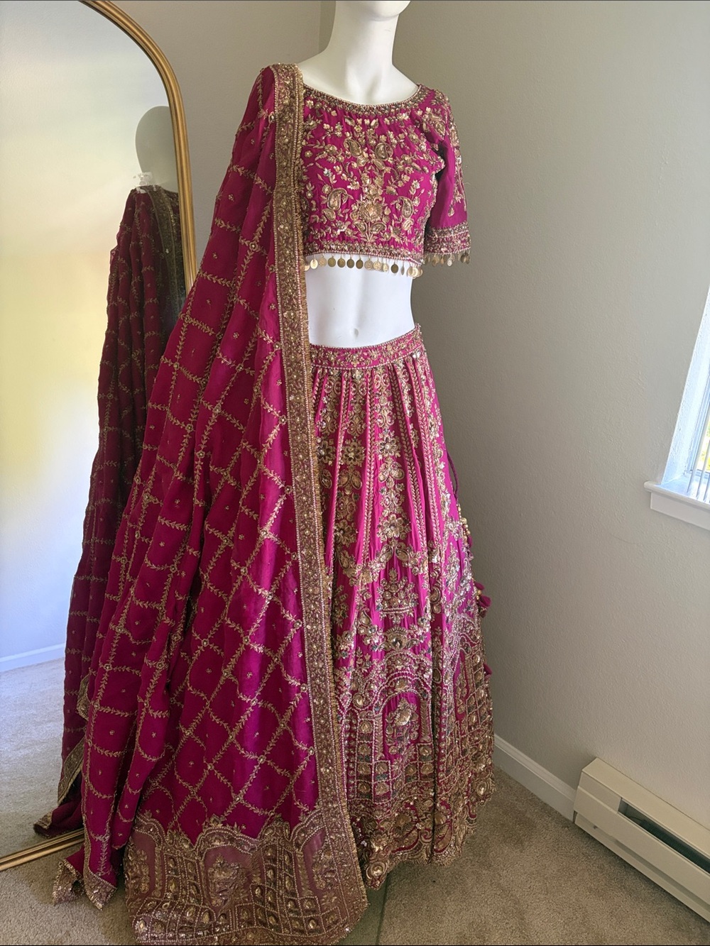 Embroidered Magenta Lehenga with Gold Detailing size small Indian party outfit